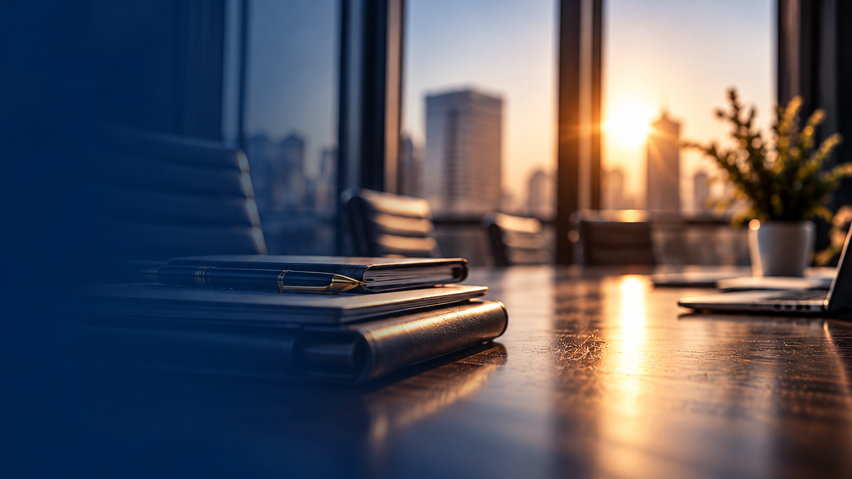 Office conference room with a pen, notebook, and laptop on the table, sunny sunset view of city skyscrapers through the windows.