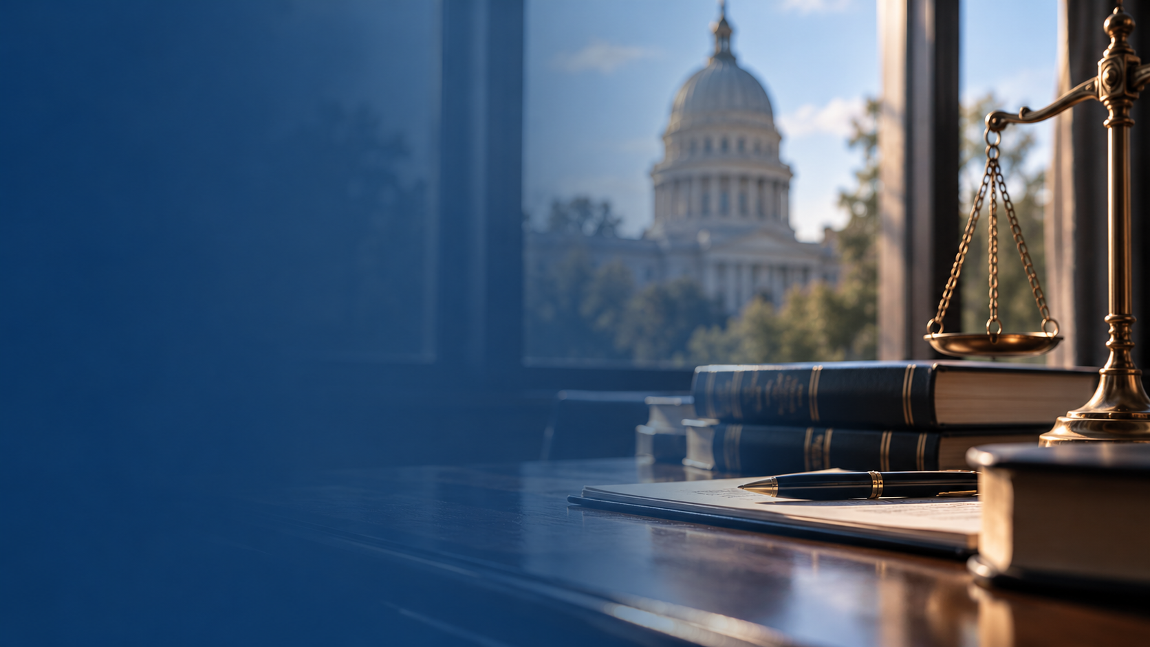 Legal books, a pen, a balance scale, and a document on a desk with the U.S. Capitol building visible through the window in the background.