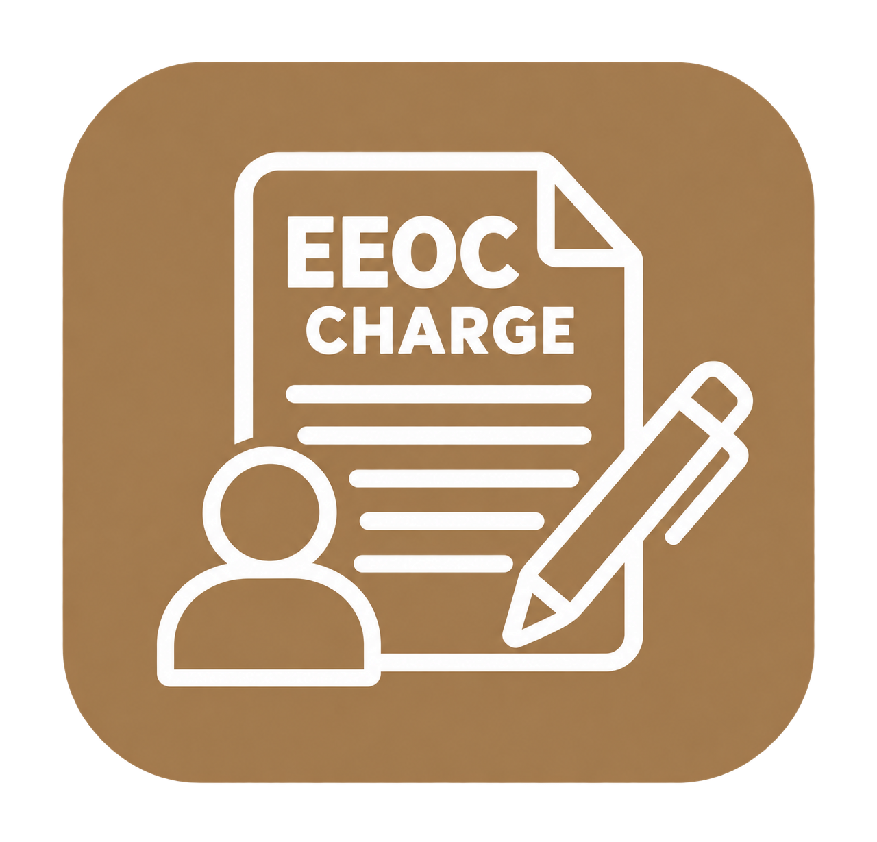 Icon for EEOC charge, featuring a document, a person's silhouette, a pen, and lines representing text.