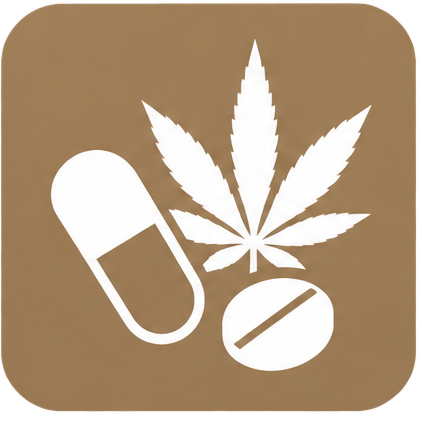 Illustration of a capsule, a cannabis leaf, and a pill tablet, symbolizing medication or supplement use.