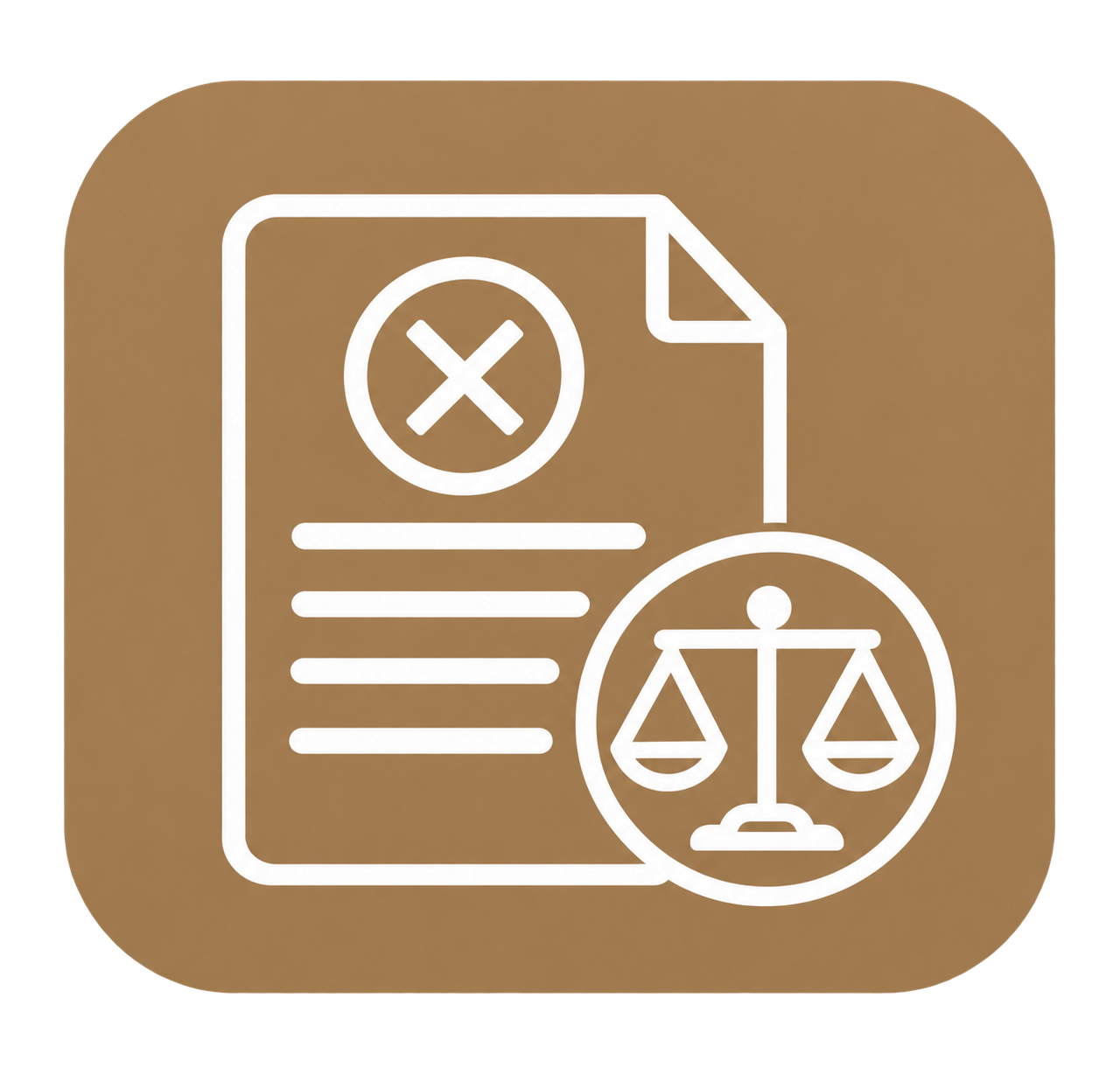 Icon of a document with a cross mark and scales, indicating legal or judicial issues.