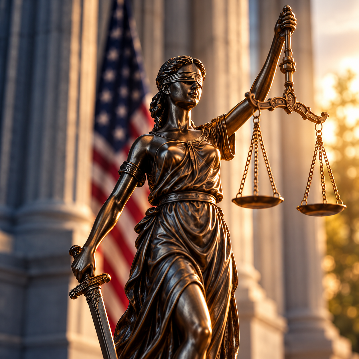 Bronze statue of the Lady Justice holding a sword and scales in front of an American flag background.