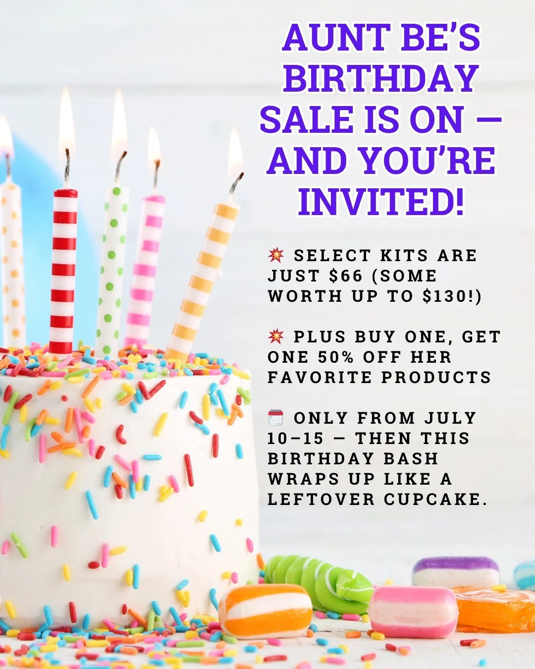 🎉 Aunt Be&rsquo;s Birthday Bash is ON! 🎂💋
She&rsquo;s older, wiser, and wildly generous this year&hellip;

✨ $66 Select Kits (valued up to $130!)
✨ Buy One, Get One 50% OFF on her favorite products
🗓️ Only July 10&ndash;15 &mdash; then it&rsquo;s