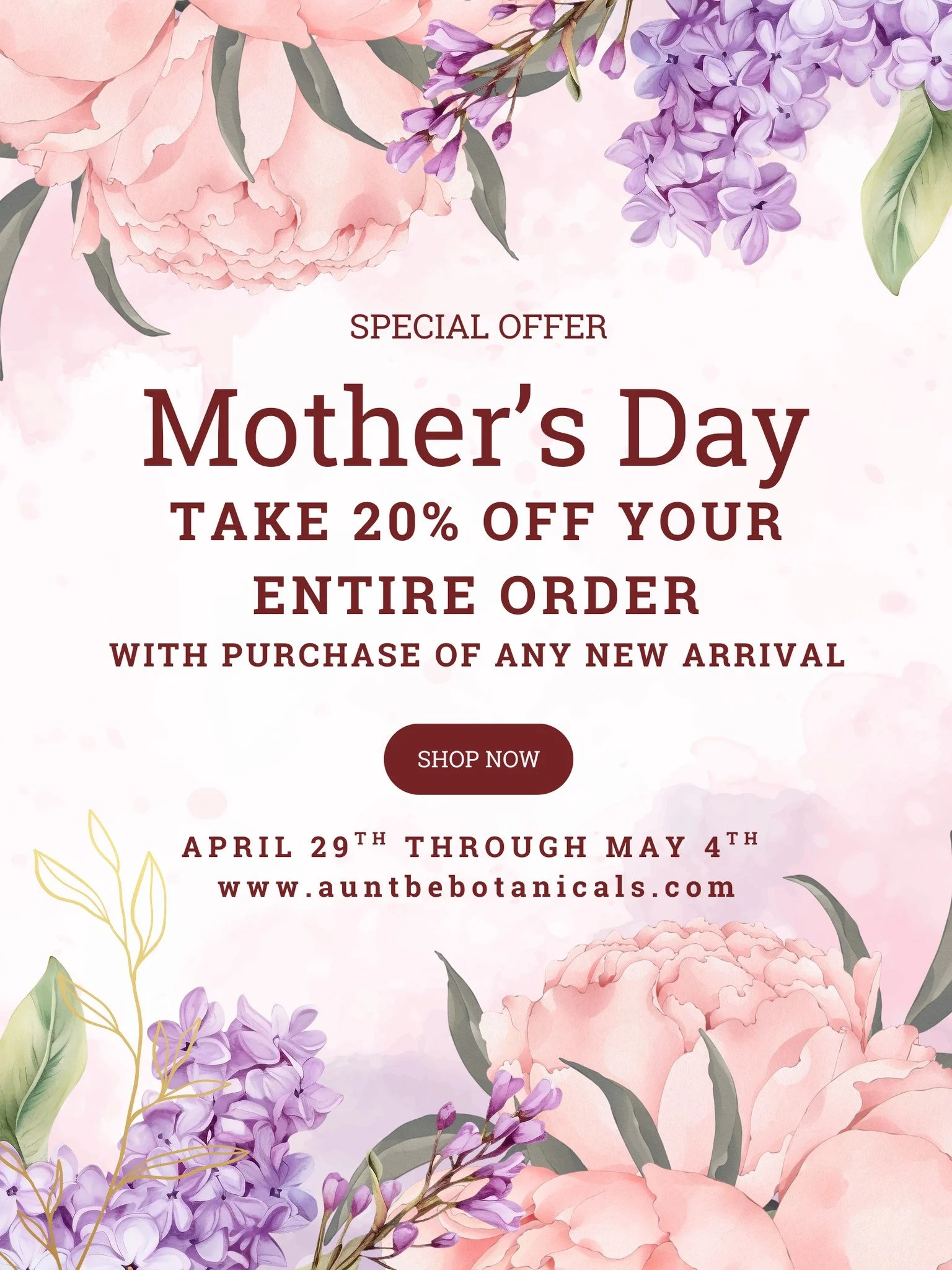 🌸 Mother&rsquo;s Day Sale Alert!🌸

💐 Treat yourself or someone special this Mother&rsquo;s Day with 20% OFF your entire order! From April 29th to May 4th, simply purchase any of our new products to unlock this awesome deal! ✨

Here&rsquo;s what&rs
