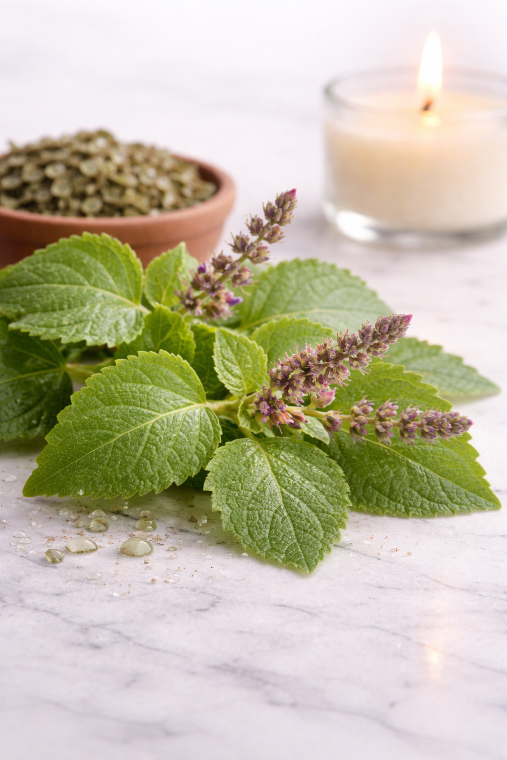 Fresh patchouli on marble surface.png
