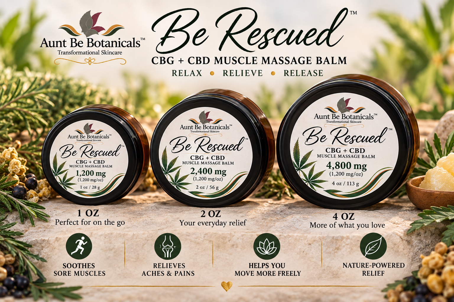 Be Rescued CBG + CBD Muscle Massage Balm in 1 oz, 2 oz, and 4 oz jars