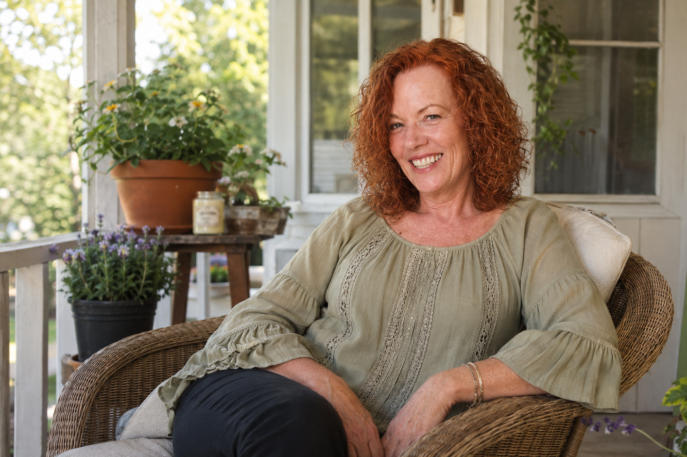 Beverlee Harbour Gopp, Aunt Be, smiling while seated in a wicker chair on her porch surrounded by plants.