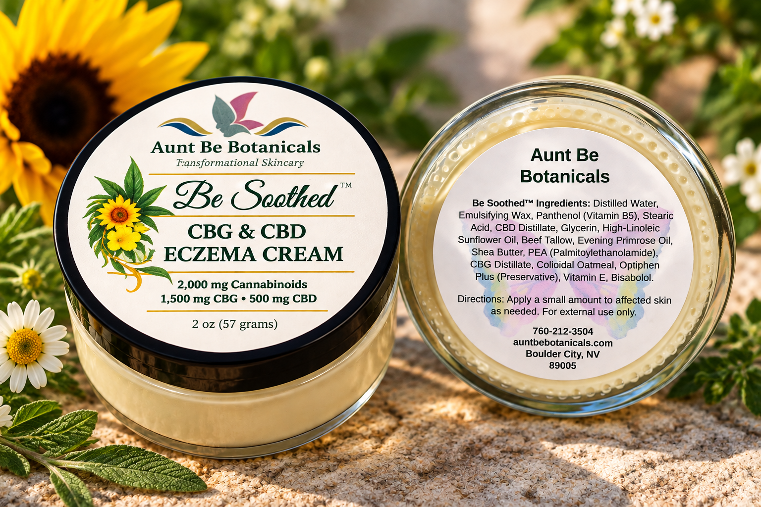 Be Soothed™ CBG + CBD eczema care cream in Aunt Be Botanicals amber jars, with palmitoylethanolamide (PEA) and moisture-barrier ingredients.