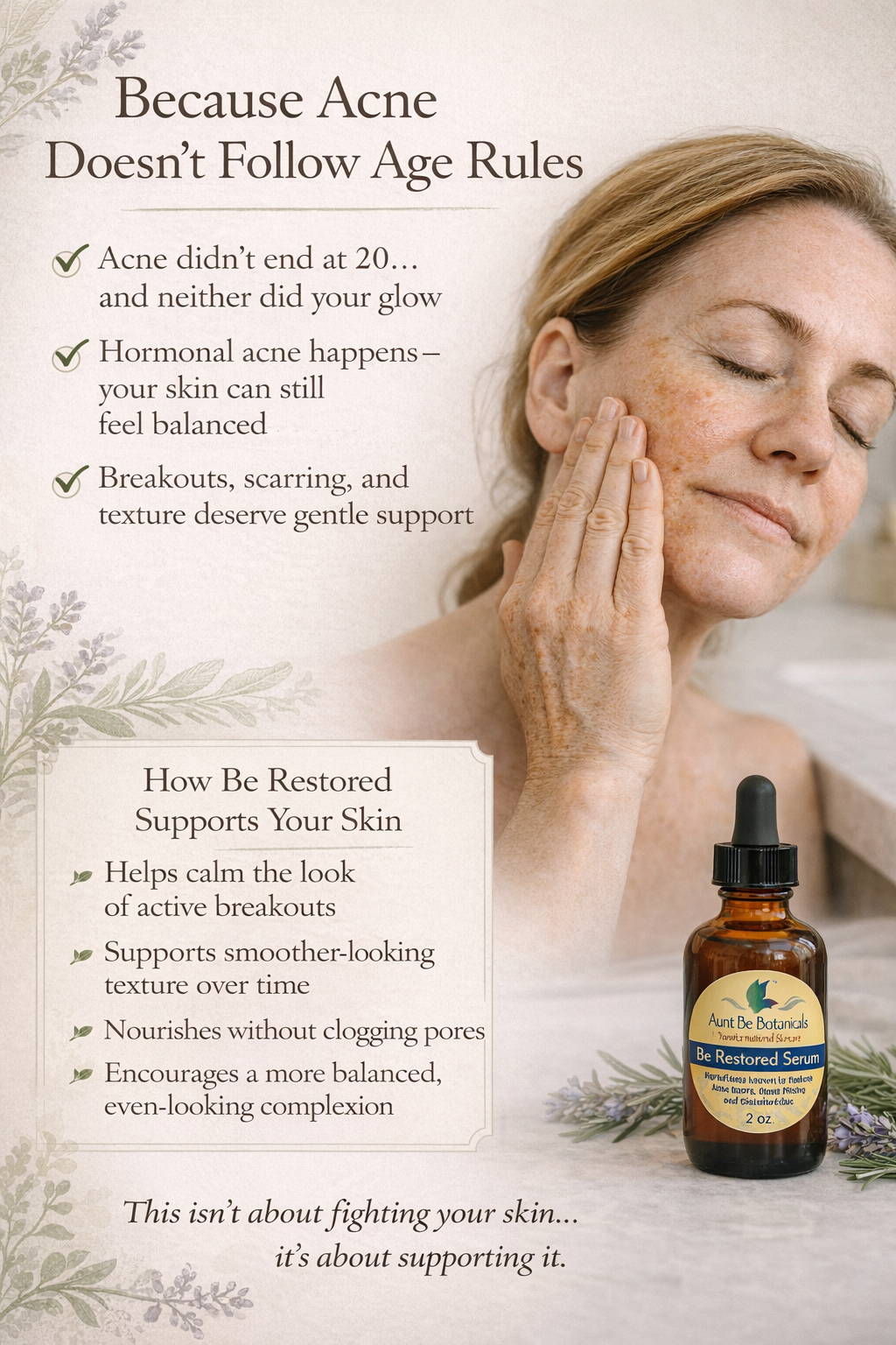 Be Restored acne serum infographic for hormonal acne, scarring, and uneven skin texture