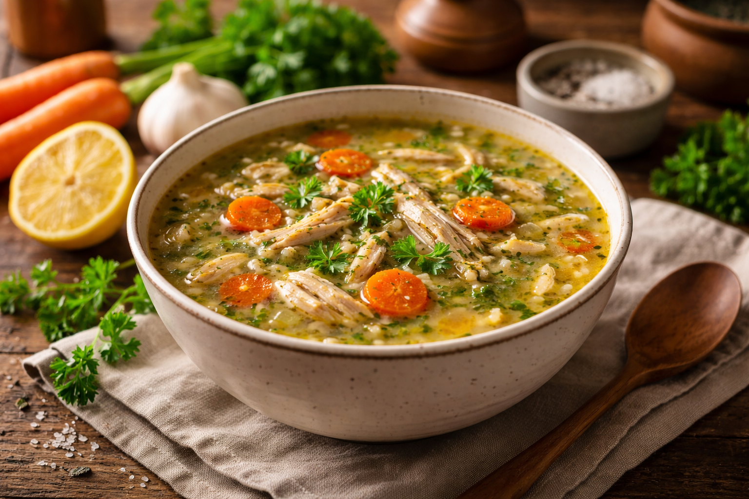 Nourishing homemade chicken soup made with fresh vegetables, herbs, and love.