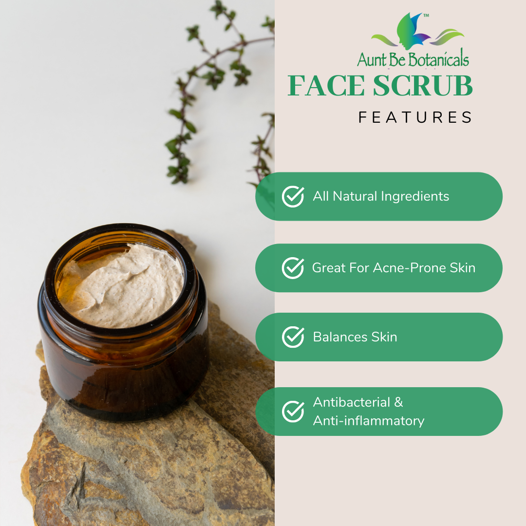 Informative infographic highlighting the key ingredients in Be Renewed Exfoliating Clay Face Scrub and their exfoliating properties for restoring radiance to dull skin