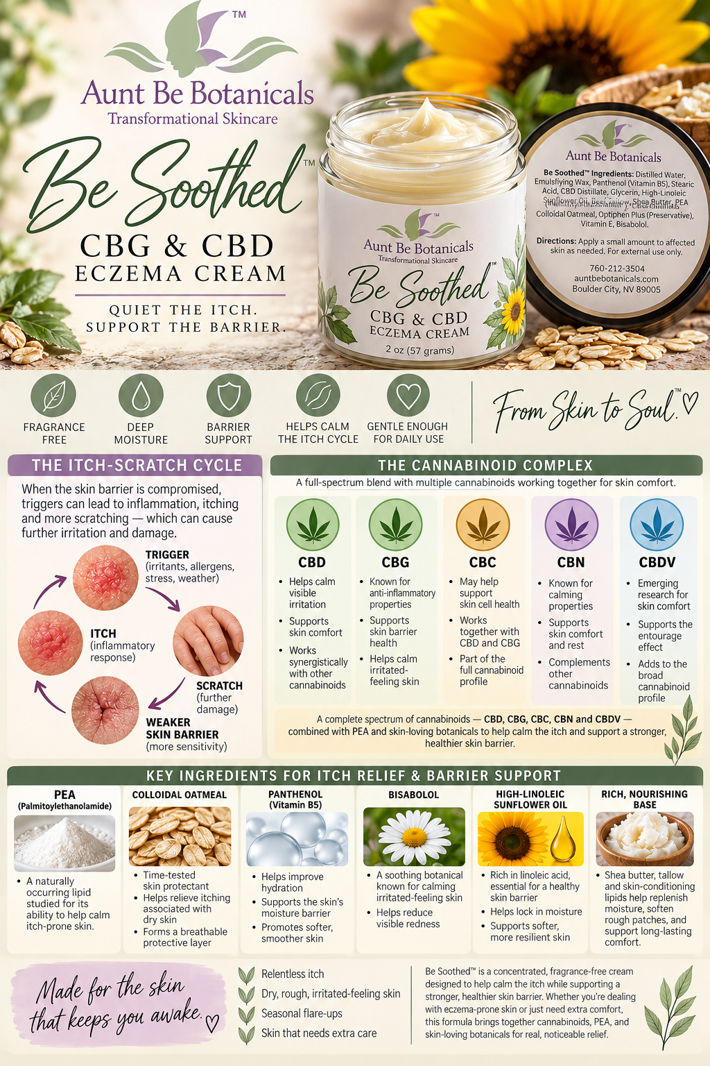 Be Soothed™ fragrance-free CBD and CBG skin comfort cream infographic with key ingredients and moisture barrier support.