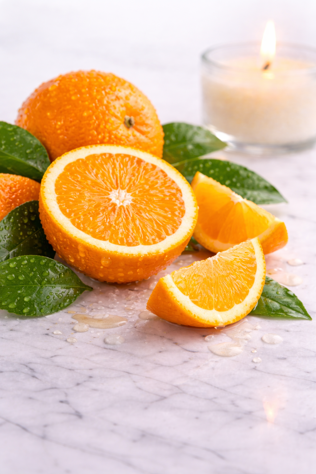 Fresh oranges on marble surface.png