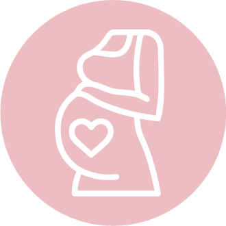 Pink circle with a white icon of a woman's pregnancy belly with a love heart inside it.