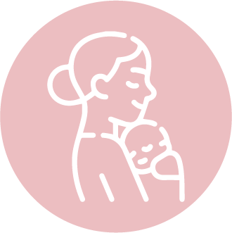 Pink circle with a white icon of a woman holding a baby to her chest.