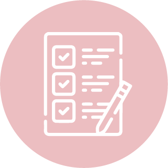 Pink circle with a white icon of a page with a checklist and notes and a pencil in the bottom right hand corner.