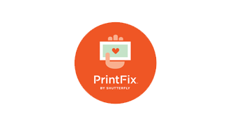 PrintFix by Shutterfly logo with hand holding photo and heart icon on orange circle background.