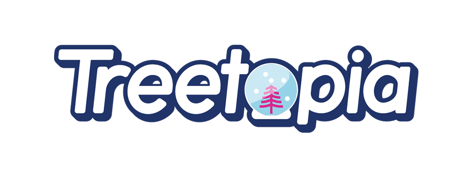 Logo for Treetopia featuring the word 'Treetopia' with a snow globe replacing the 'o', containing a pink Christmas tree and snowflakes.