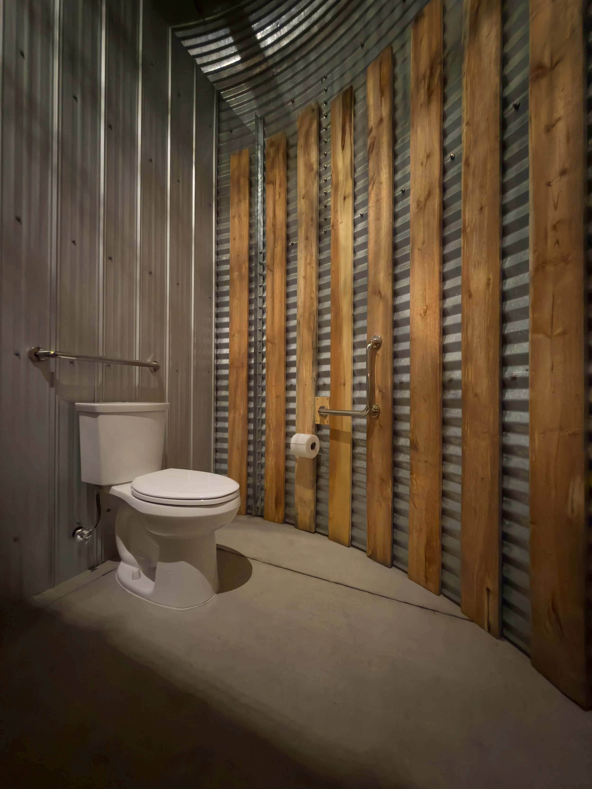 Fully accessible bathroom with corrugated metal walls and wood paneling, featuring a white toilet and a wall-mounted grab bar with a toilet paper roll.