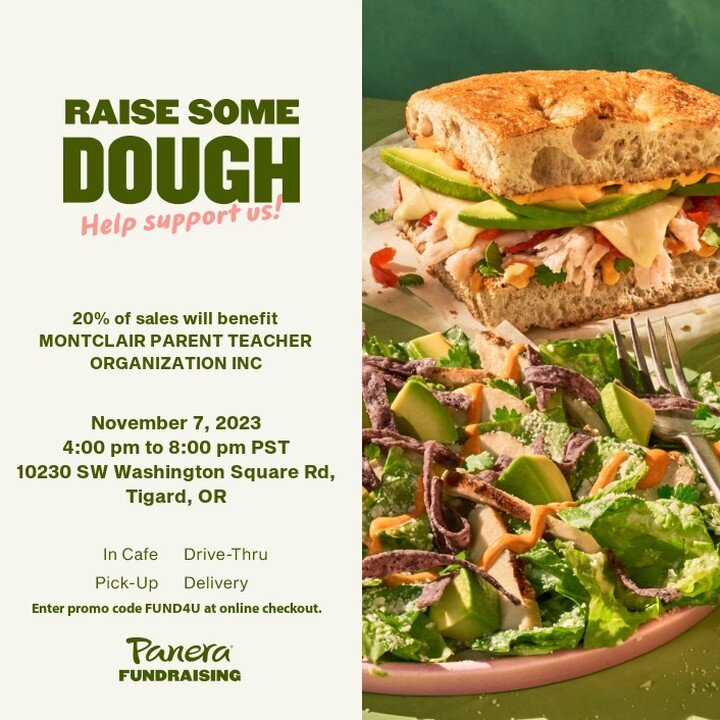 We like you no matter how hangry you are, but lets curb the hunger this Tuesday by dining at Panera and supporting Montclair! Use code FUND4U at online or kiosk check out, or show this flyer at the counter. See you there Hawks!