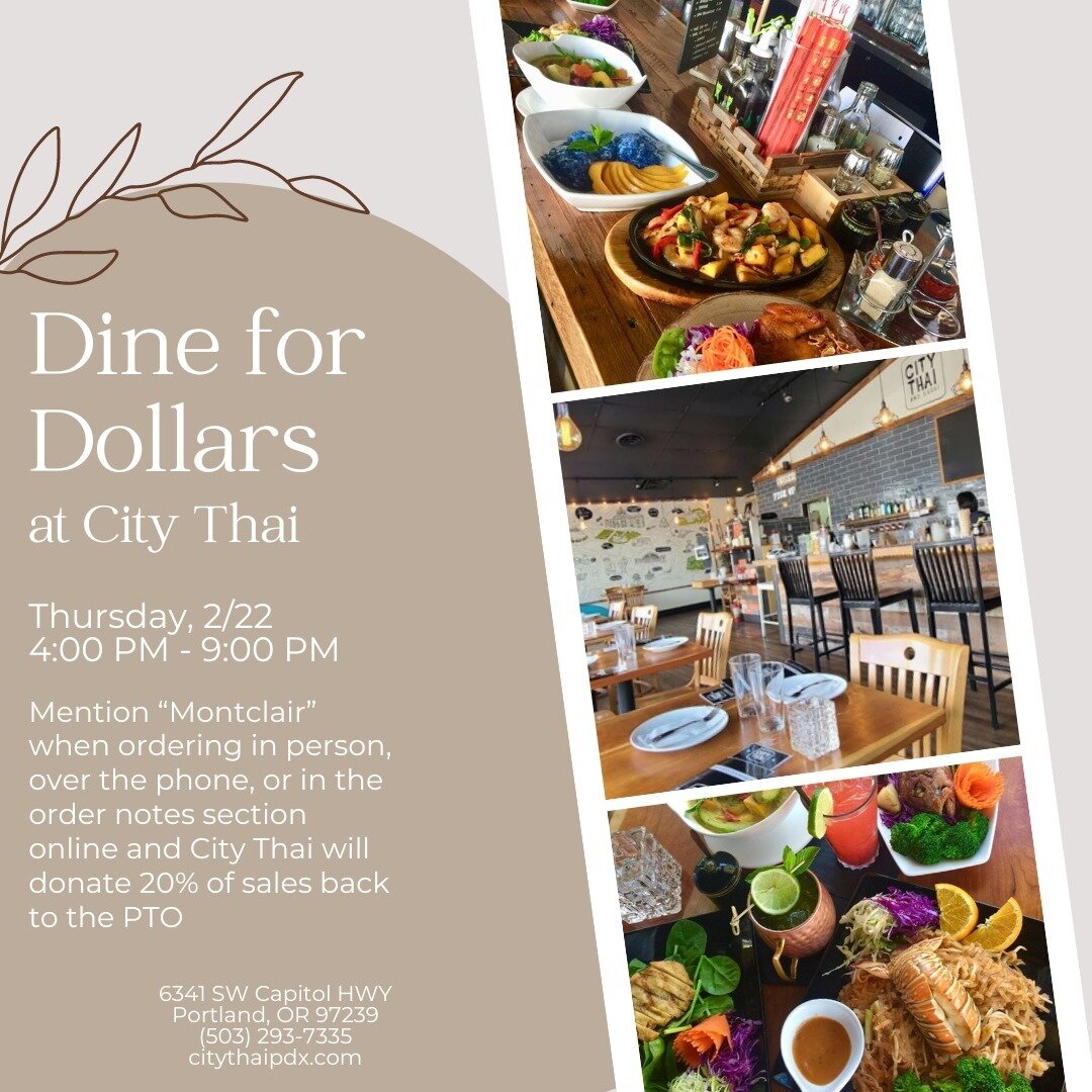 Mark your calendars and join us on Thursday, February 22nd at City Thai to enjoy delicious food and help support our school!