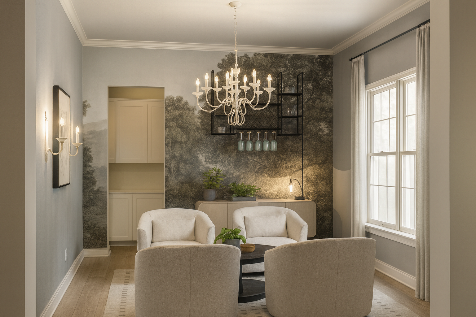A cozy living room with light-colored chairs around a circular black coffee table, a chandelier hanging from the ceiling, a large window with white curtains, a dark textured accent wall with a black metal shelf, plants, and a small table with a lamp.