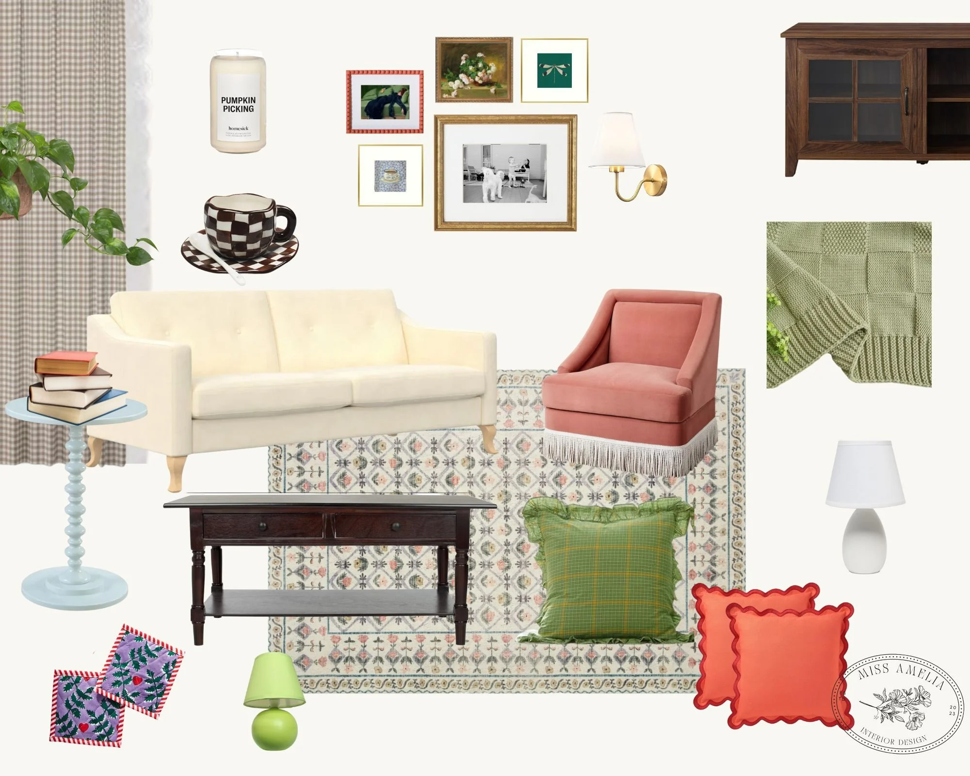 Living room with a white sofa, pink armchair, green pillow, patterned rug, side tables, wall art, lamps, a wooden cabinet, and various decorative items.