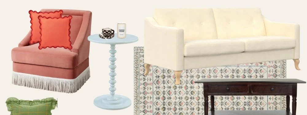 Living room setup with a pink armchair, a side table with decorative items, a cream sofa, a patterned area rug, and a dark wooden table.