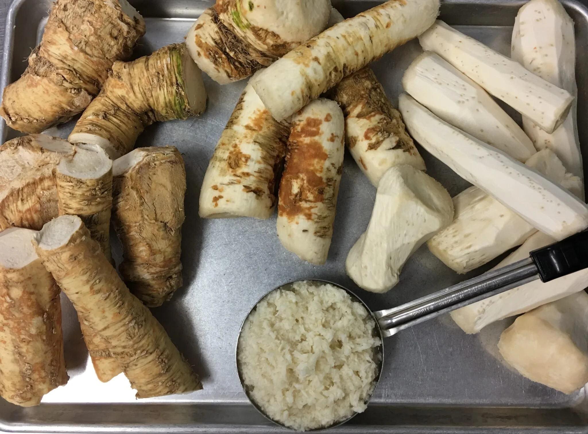 horseradish root being peeled and ground by Whalen's Horseradish
