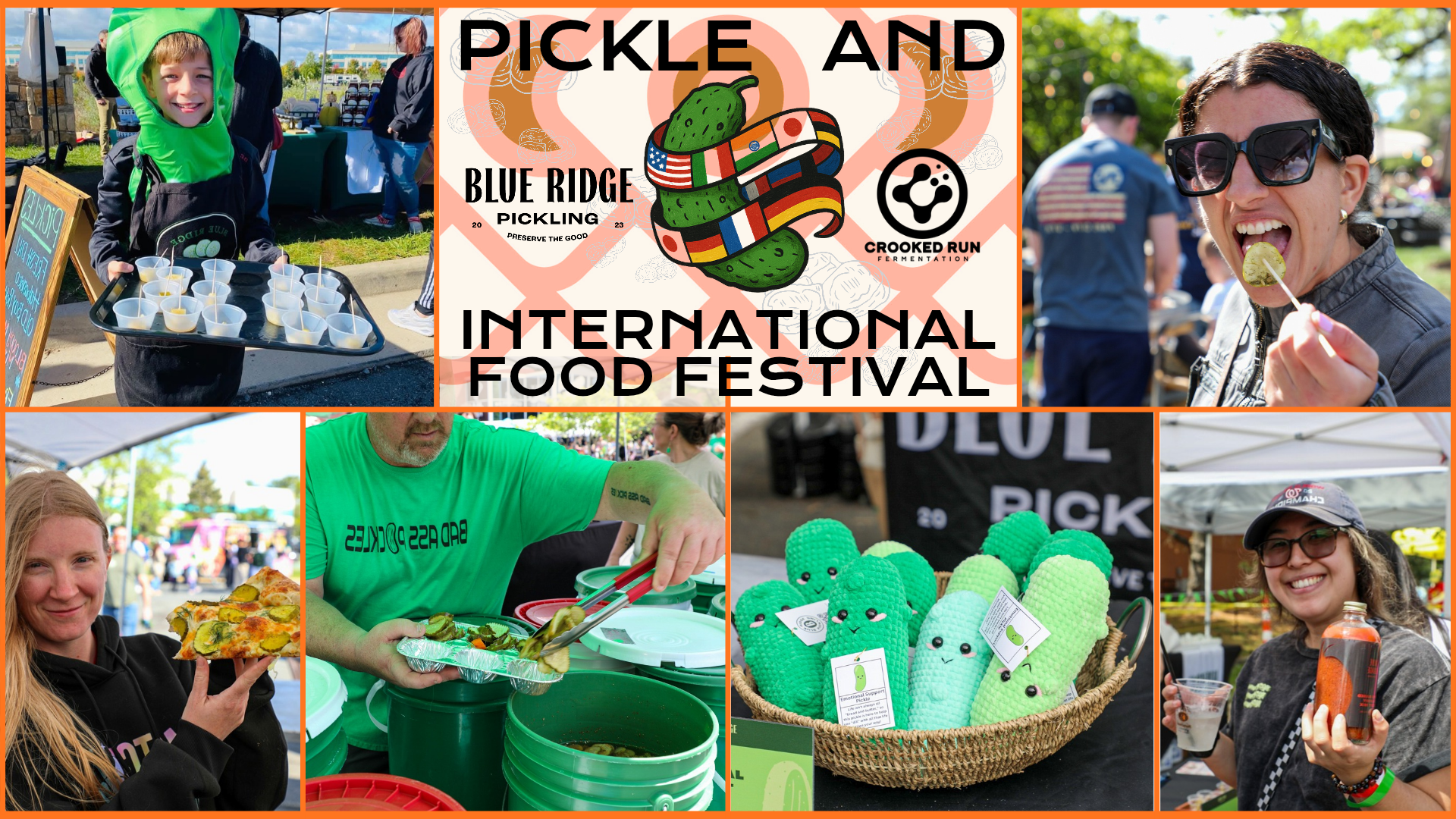 Collage of photos from the Pickle and Blue Ridge International Food Festival, featuring people enjoying food, vendors serving dishes, and festival booths with colorful decorations.