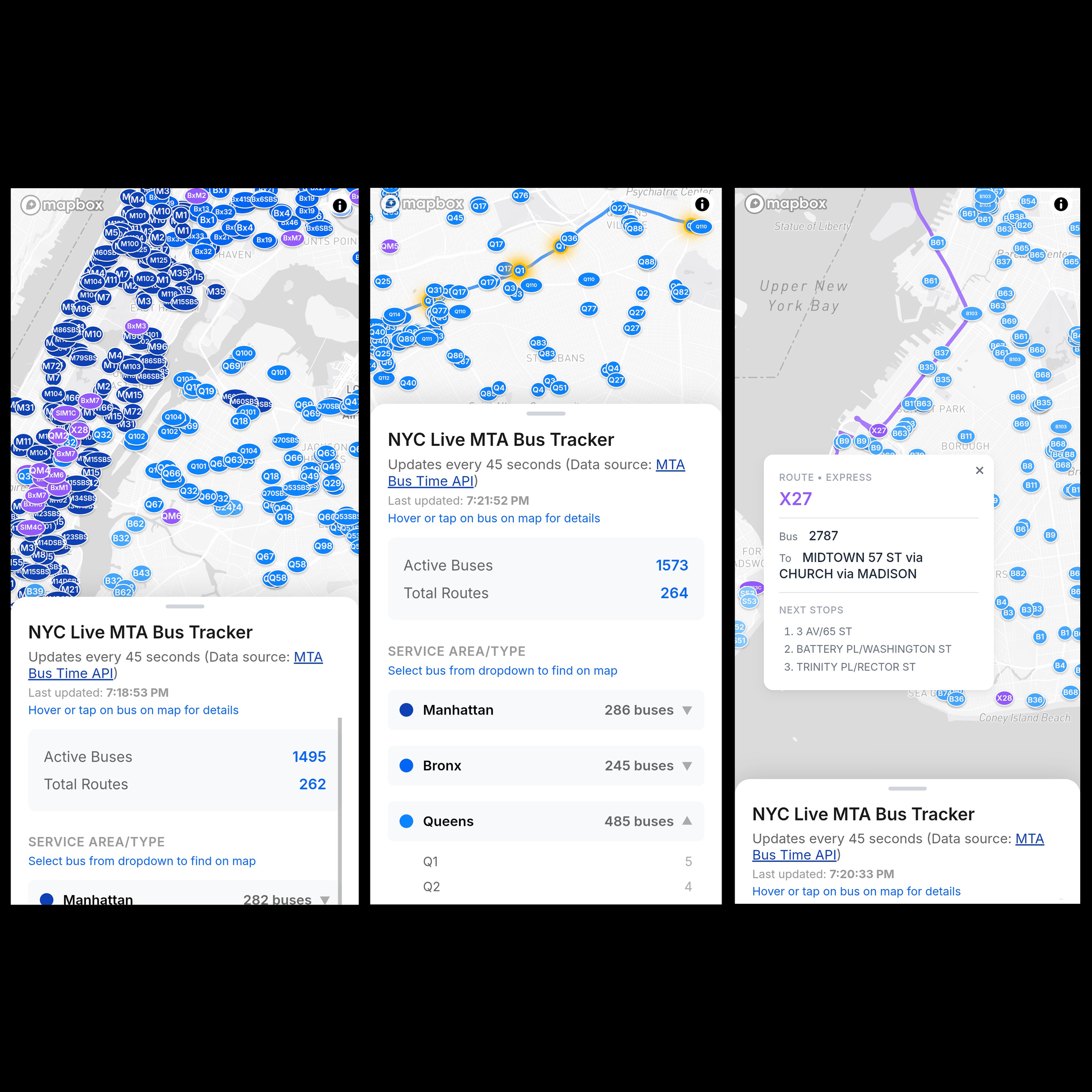 Mobile page on initial load, after selecting the Q1 route from the Queens dropdown, and after tapping on an X27 bus and minimizing the info panel