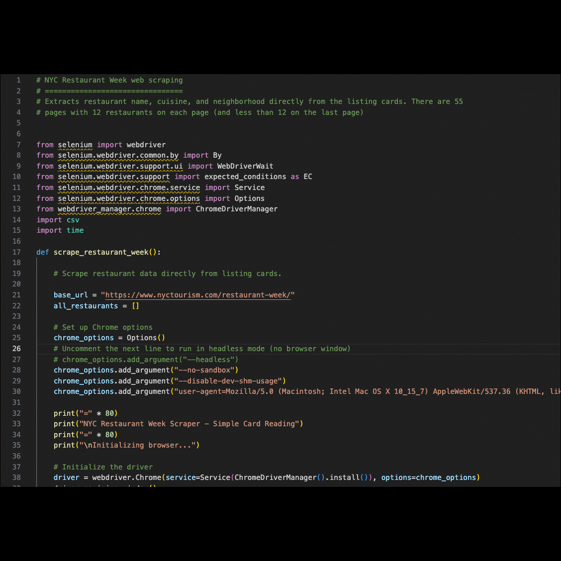 The Selenium code that scraped the restaurant name, cuisine, and neighborhood from the website