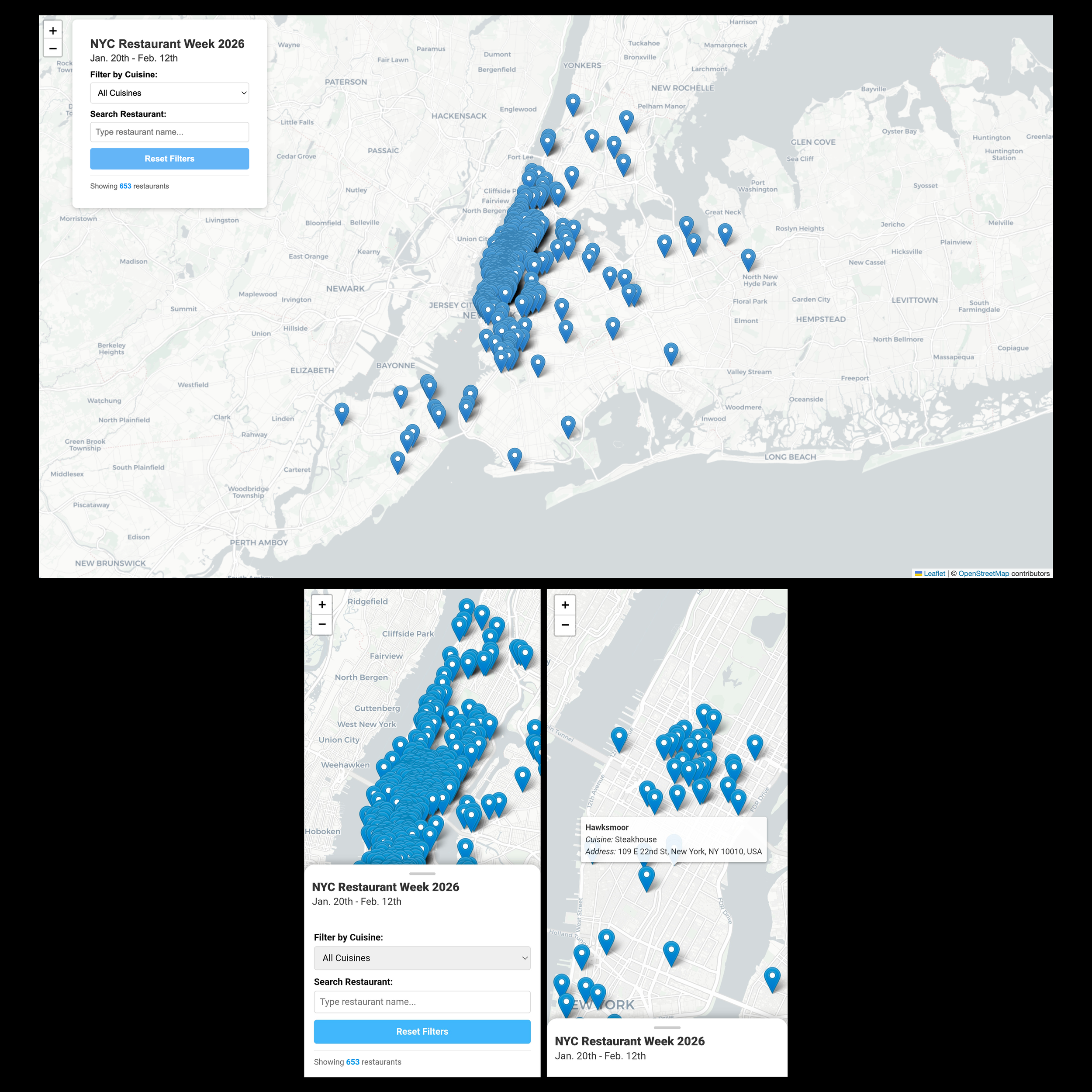 Interactive NYC Restaurant Week Map Made Using Selenium, Places & Geocoding APIs, React