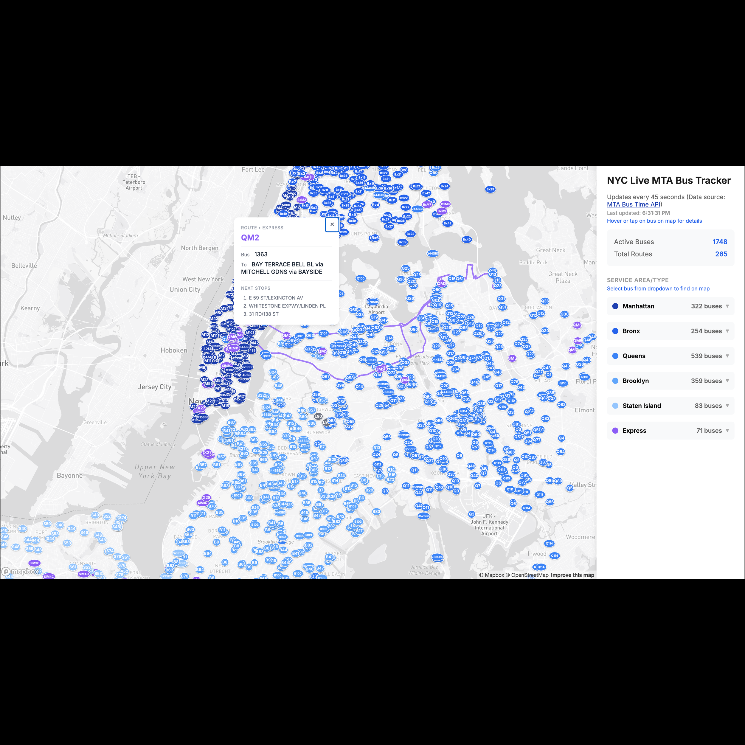 Desktop view on initial load and after hovering over a QM2 bus