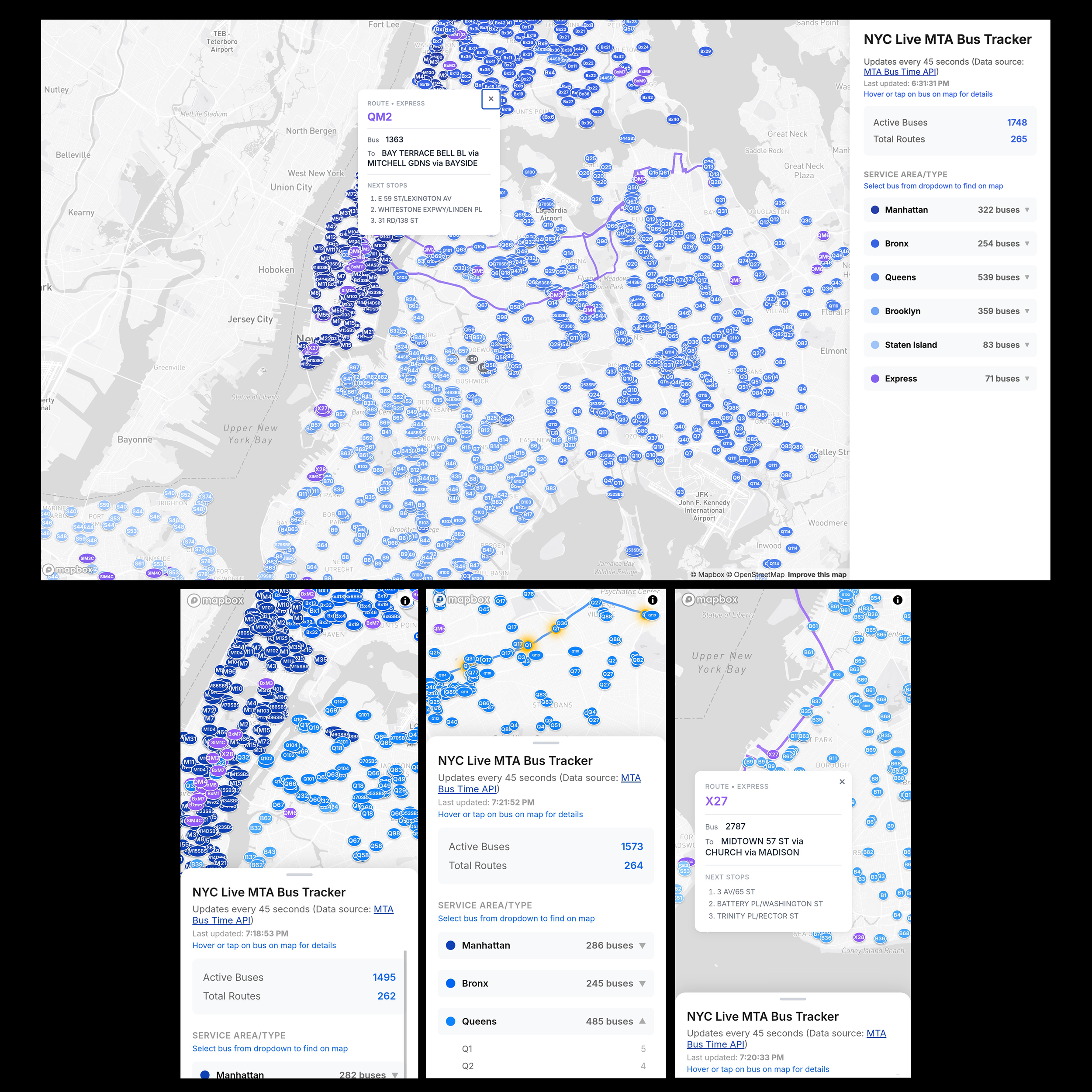NYC Live MTA Bus Tracker Using Mapbox GL JS, MTA Bus Time API, AWS Lambda