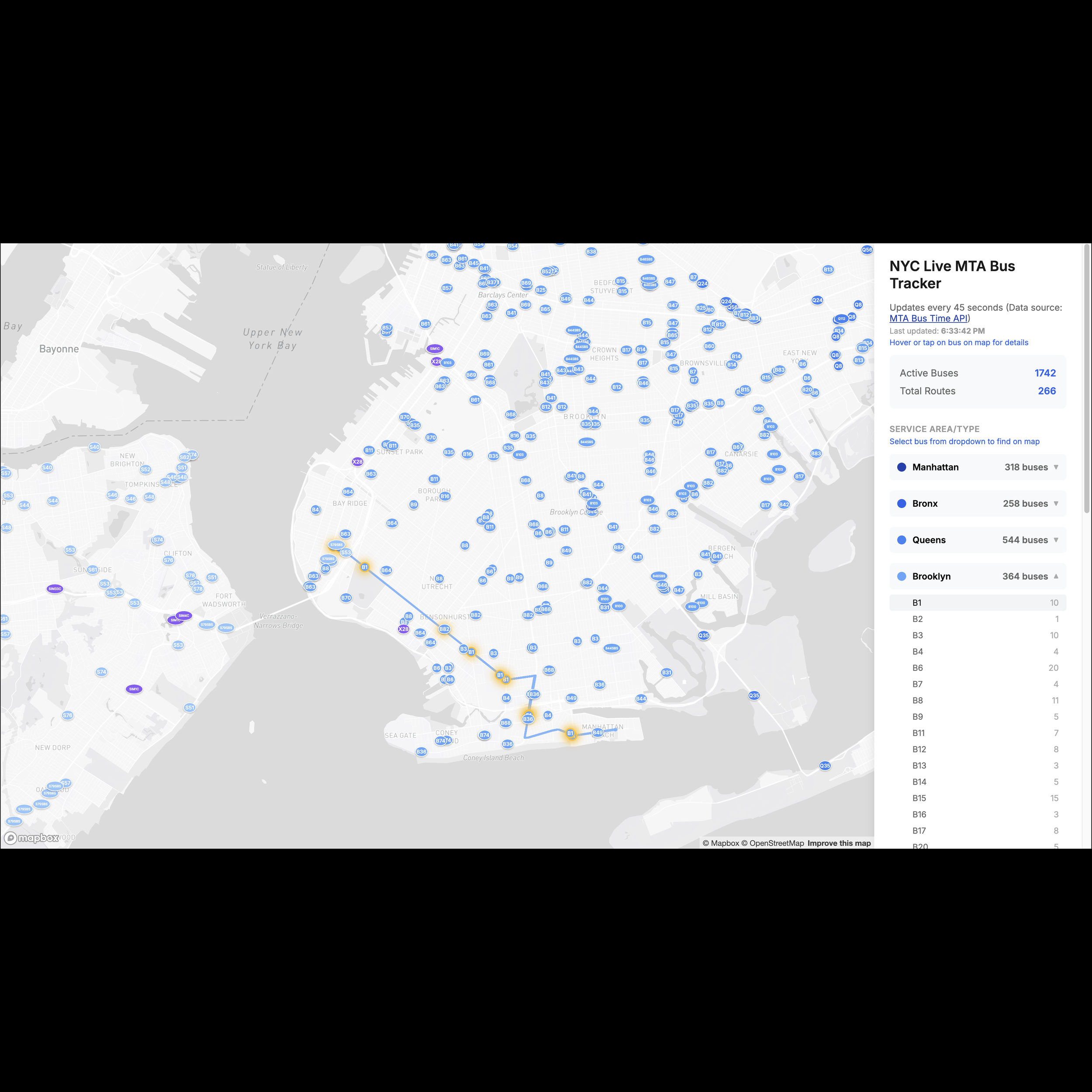 Desktop view showing the B1 route path and highlighted buses after selecting B1 from the Brooklyn dropdown