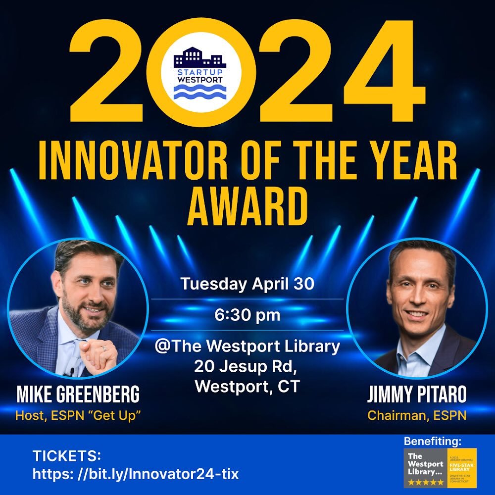 Join us for an awesome night of sports, tech and media conversation as we honor Westports own Jimmy Pitaro.  Can&rsquo;t wait to hear Westporter Mike Greenberg interview his boss!  Link in bio for tickets.