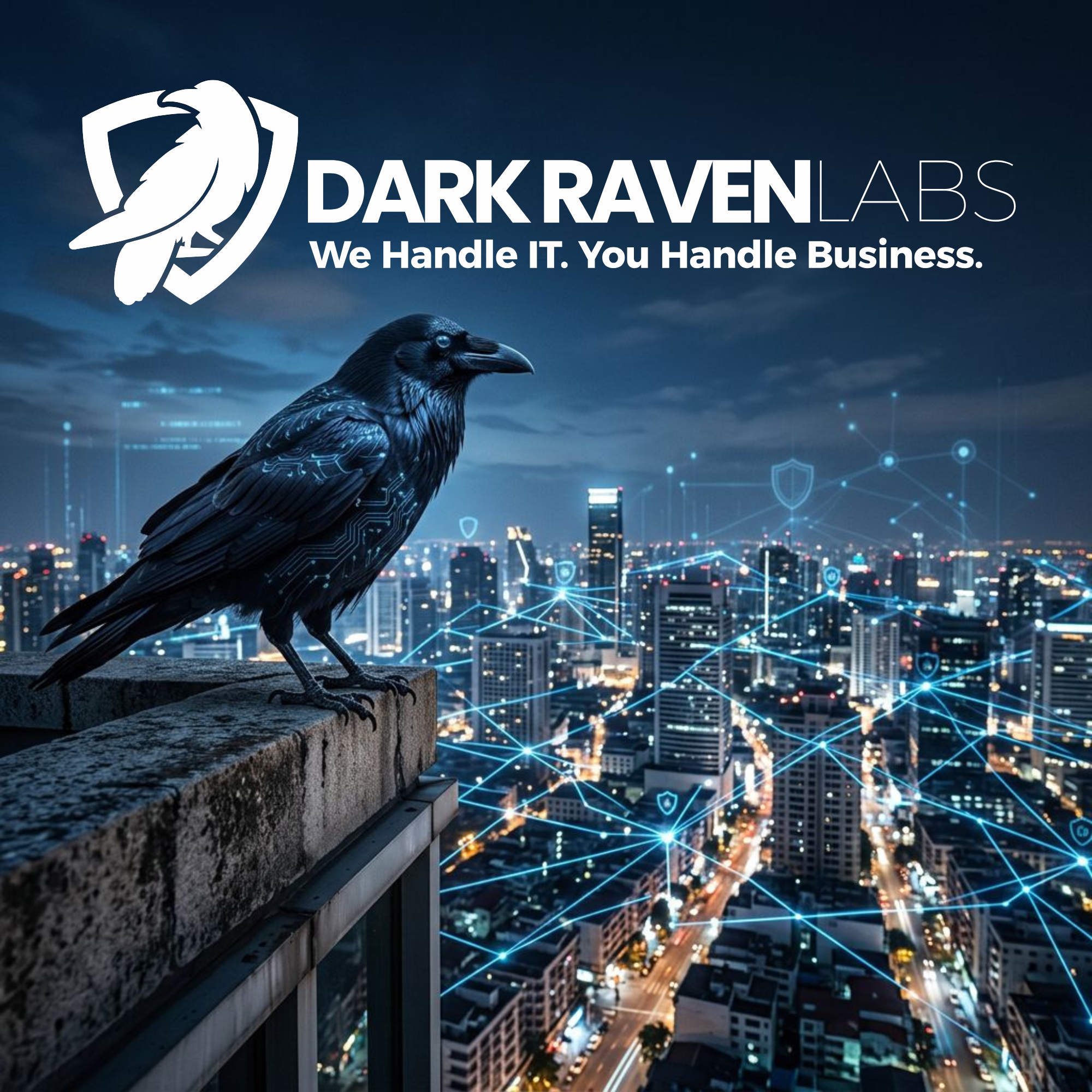 Night cityscape with tall buildings, illuminated roads, and digital network overlay. A black crow is perched on a ledge in the foreground.