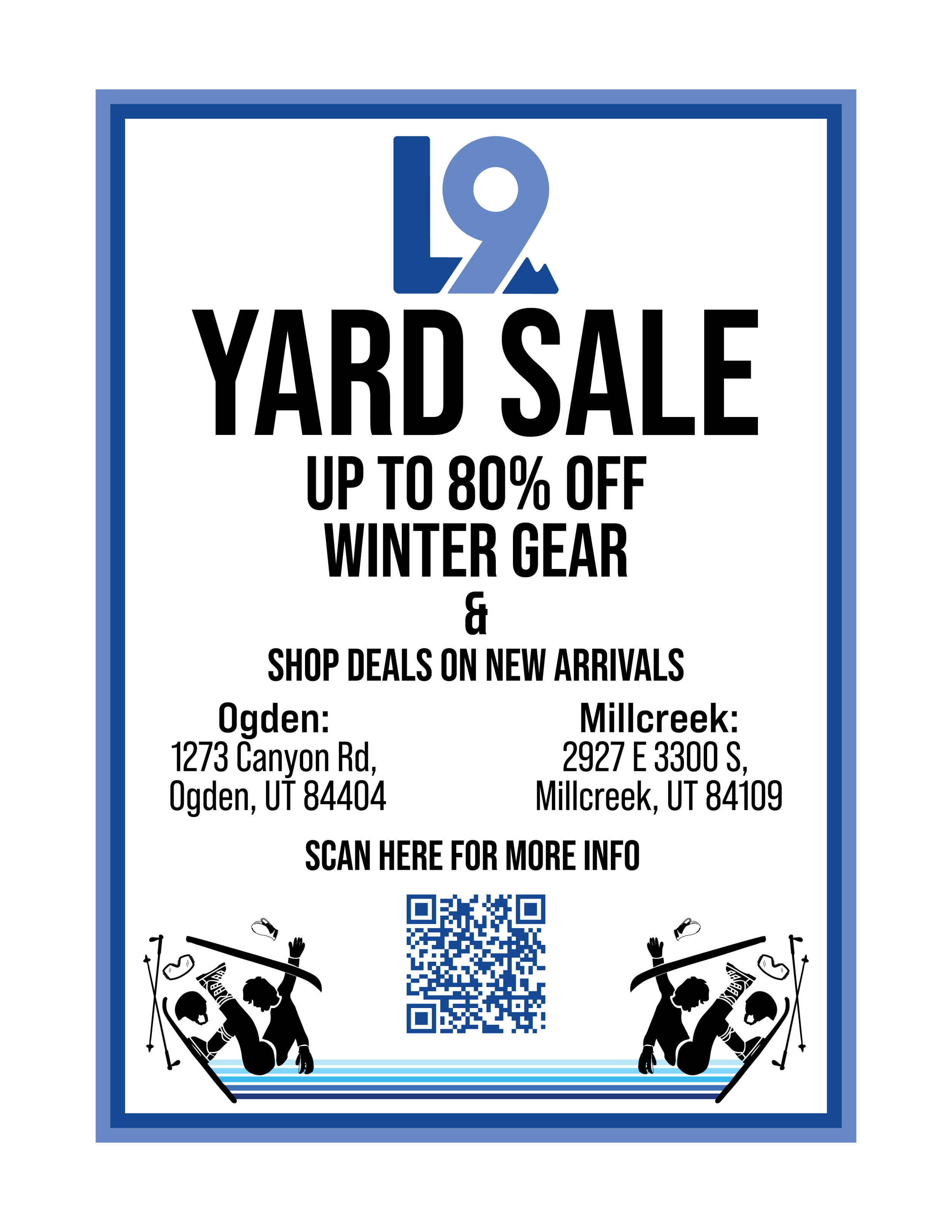 Flyer advertising yard sale with up to 80% off winter gear at Ogden and Millcreek locations, includes QR code for more info, decorated with illustrations of snowboarding and skiing.
