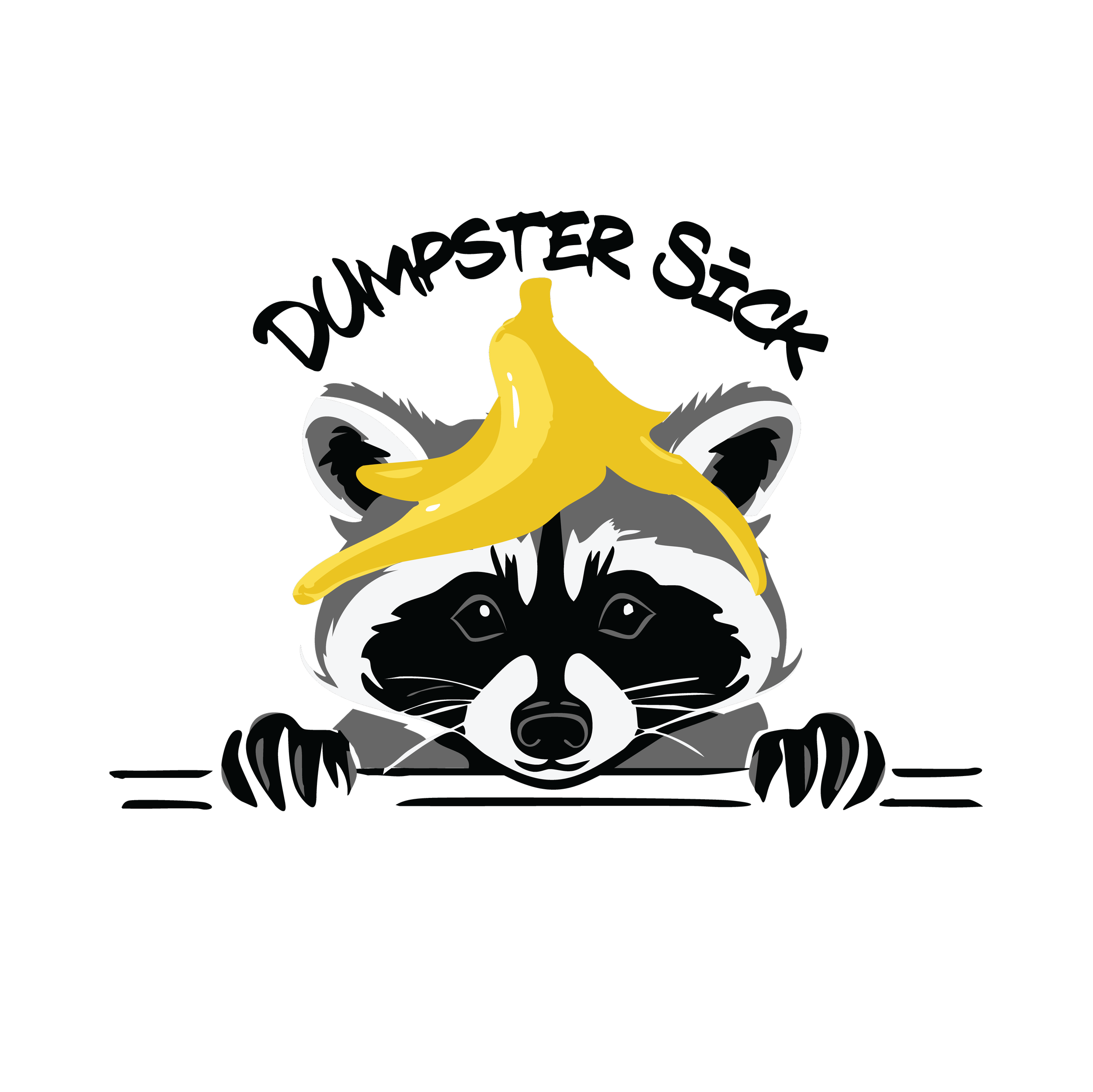 Illustration of a raccoon with a banana peel on its head, peering over a surface with paws visible, with the text 'DUMPSTER SQUAD' above.