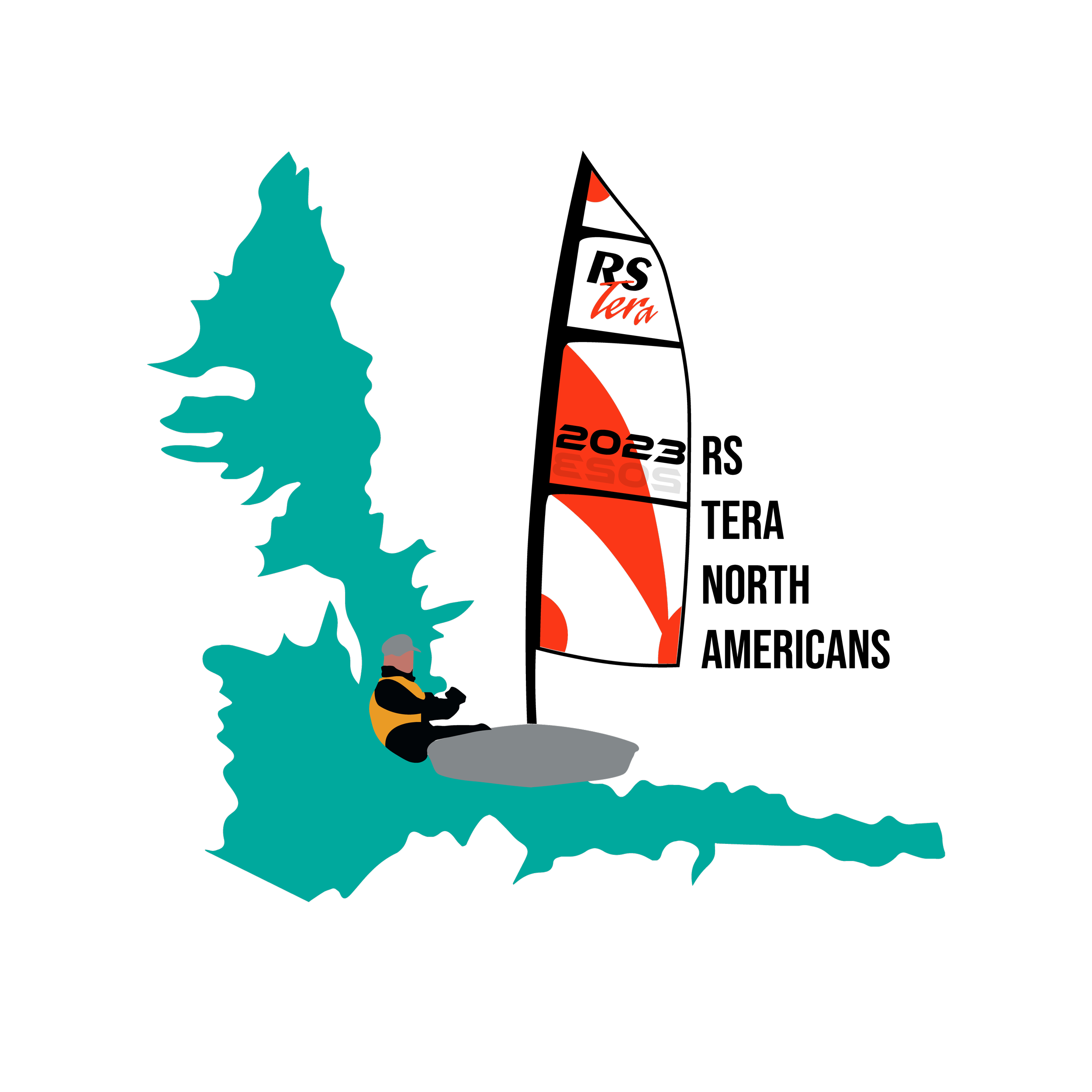 Map of a lake with a person in a kayak, two sailboats on the water, and surrounding landmasses. Labels marked 'Tera' and '20' are visible near the sailboats.