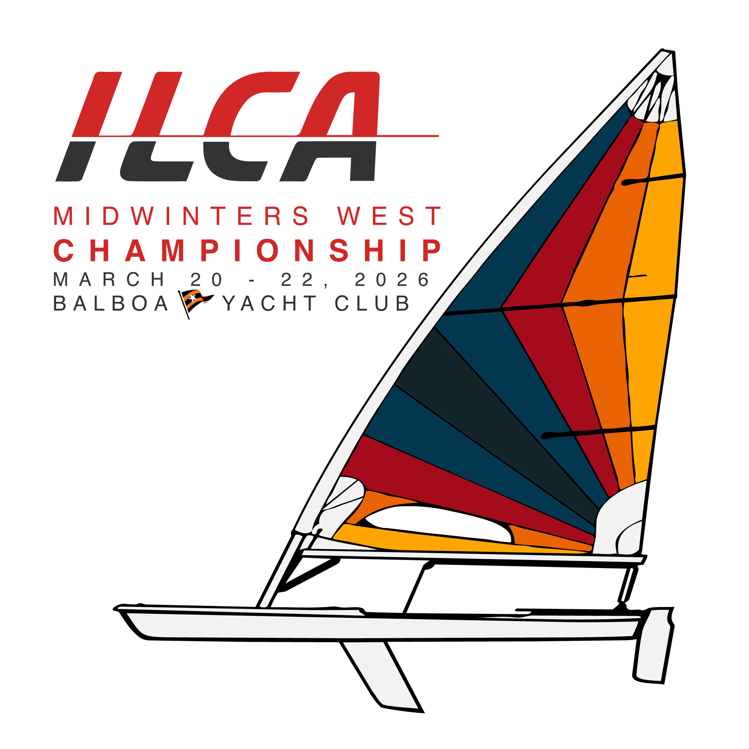 Event poster for the HCA Midwinter's West Championship, held at Balboa Yacht Club from March 20 to 22, 2026, featuring a colorful sailboat with red, orange, yellow, dark blue, and white sails.