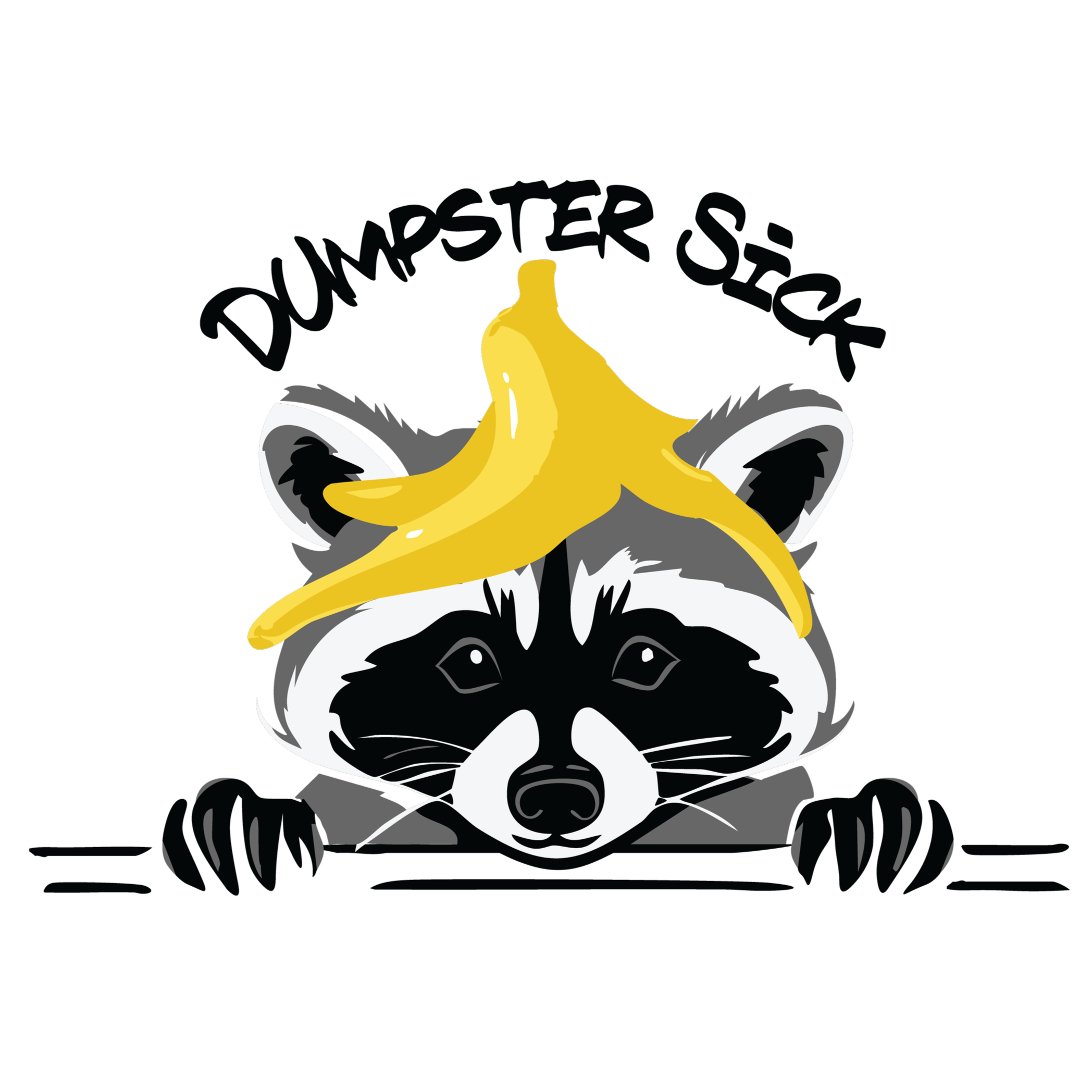 Illustration of a raccoon with a banana peel on its head, peering over a surface with paws visible, with the text 'DUMPSTER SQUAD' above.