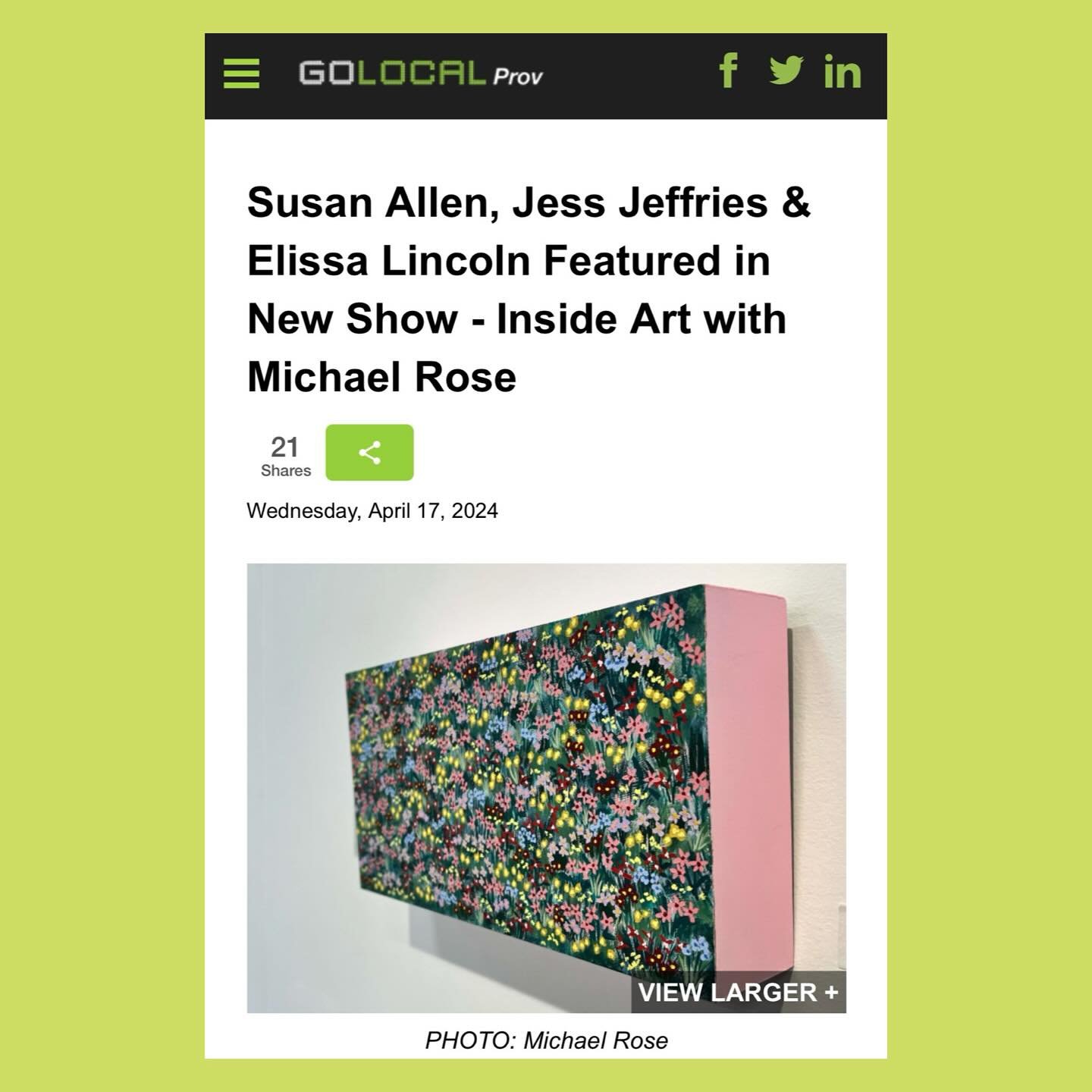 Fresh off the press! 🗞️
Thank you for the wonderful article in GoLocal Prov @michaelrosefineart!

@drydengallery&rsquo;s latest show, Garden Party, is on view and in full bloom 💐
A huge congratulations to our artists and curator @lizzkelley!

You c