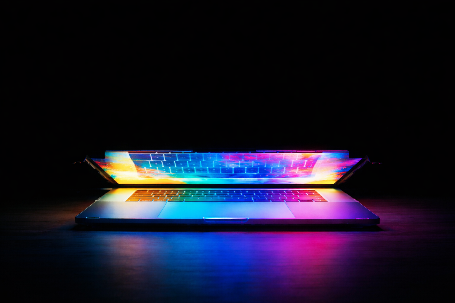 A laptop with a rainbow-colored keyboard and screen emitting vibrant rainbow lights, open and placed on a dark surface. The image inspires excitement for the release of the CODIFY healthcare regulatory compliance policy set, also known as LiTMUS.