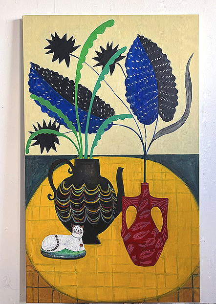 Batik blue leaves botanical, oil on canvas 140x85cm