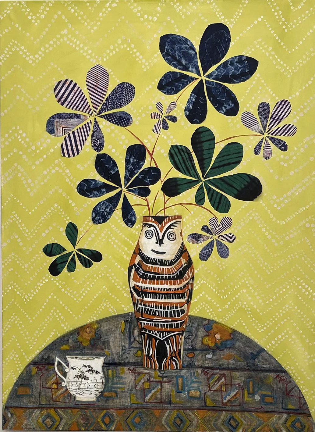Picasso's owl vase 120x90cm oil on canvas with appliqué flowers