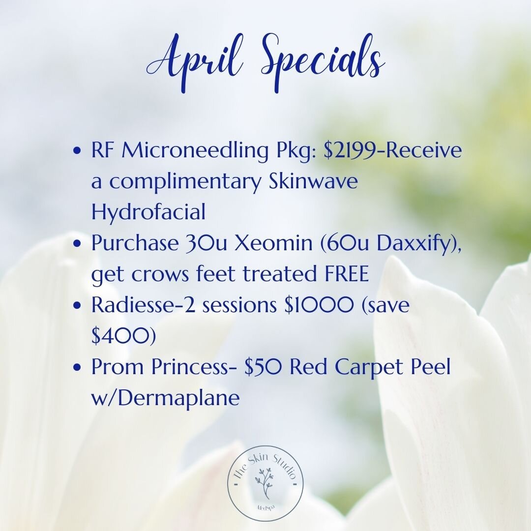April Specials!!! 

Take advantage of these amazing offers this month. 

RF Microneedling is a 3 session package to stimulate collagen and elastin production. Want to address fine lines, skin laxity, firmness, pores? This treatment is for you!! Minim