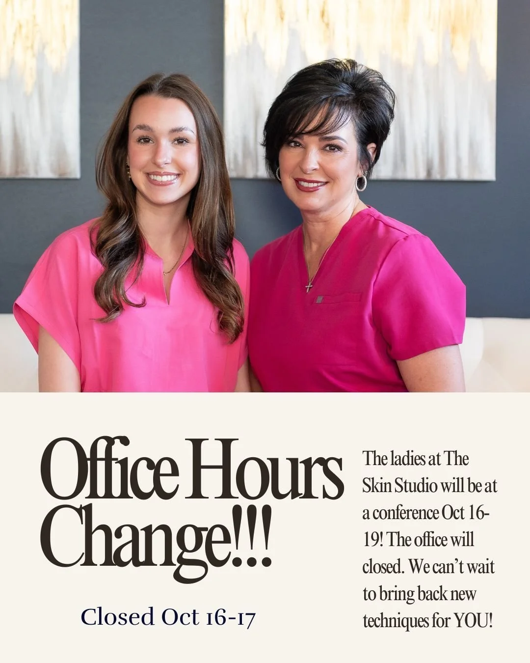 🗓Adjustment to our Office Hours!!!

We will be closed next week on Thursday and Friday. Book now if you need to get a quick fall glow up!

See you all very soon! 

#medspa #conference #alwayslearning #facials #coolpeel #aesthetician #injector