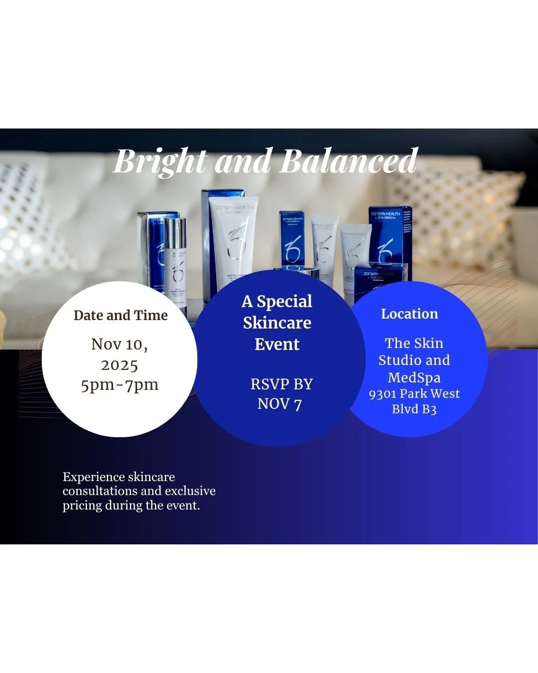 Reminder!!

Our Bright and Balanced Skincare Event is happening 
MONDAY NOV 10TH

RSVP to lock in your spot for exclusive pricing, consultations and bubbly, of course!

https://www.eventbrite.com/e/1769482482739?aff=oddtdtcreator